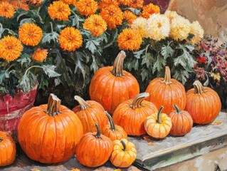 Sticker - autumn still life featuring orange pumpkins at a fair with chrysanthemum bushes