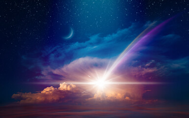 Wall Mural - amazing unreal collage: giant colorful comet or shooting star in starry sky with glowing clouds. com