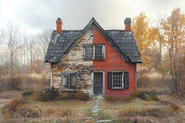 Poster - a split scene with half showing an old, dilapidated wooden house and the other side showing a newly 