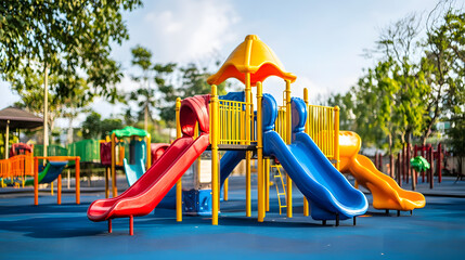 Colorful kid playground with a slide and swing set on yard in the park