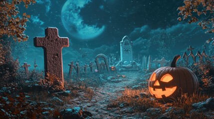 Wall Mural - Halloween graveyard with pumpkin decoration