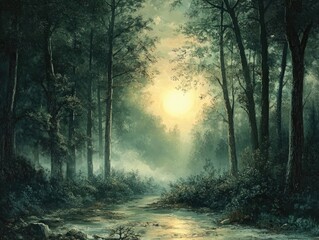 Wall Mural - misty forest scenery at dawn