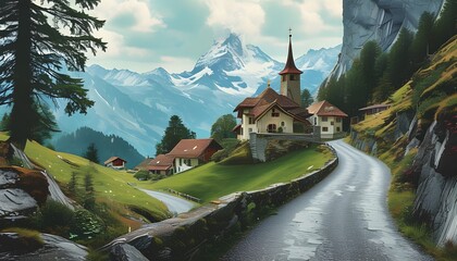 Wall Mural - Charming Swiss Alpine Pathway to Village and Historic Religious Structure