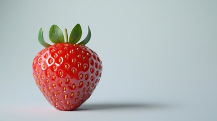 Canvas Print - A Single Ripe Strawberry with Green Leaves on a White Background