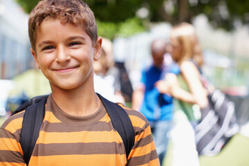 Portrait, education and youth with boy at school for learning, students and future development. Kids, knowledge and growth with child studying at STEM academy for class, montessori and campus