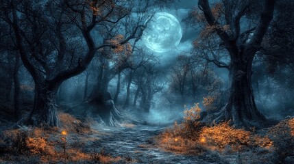 Wall Mural - eerie autumn forest with gnarled trees under a haunting moonlit sky