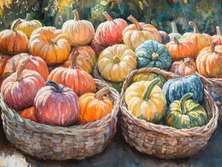 Canvas Print - Colorful pumpkins in large baskets