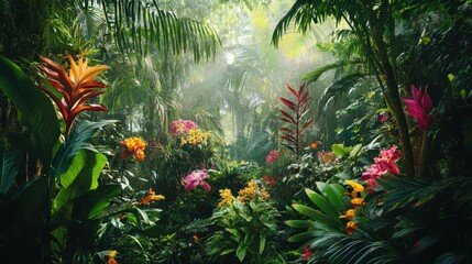 Wall Mural - Lush Tropical Rainforest with Vibrant Blooms and Sunlight Filtering Through Canopy