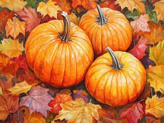 Canvas Print - Autumn pumpkins on colorful leaves