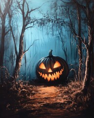 Wall Mural - eerie pumpkin glow in dark woods