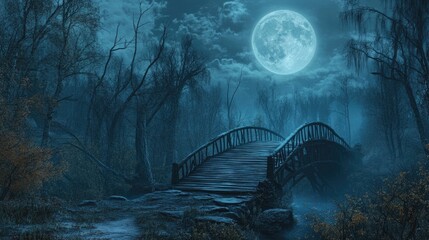 Poster - Haunted autumn forest with lifeless trees and an ancient wooden bridge under a full moon