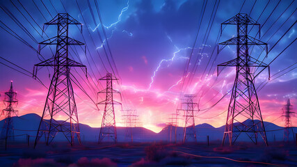 High voltage power lines pylon towers for electric transmission grid infrastructure Electrical Engineering Electricity Supply Technology sunset background