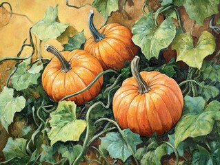 Canvas Print - Pumpkin patch featuring ripe pumpkins and vibrant green vines