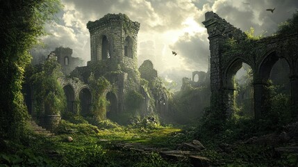 Canvas Print - Overgrown Ruins of a Stone Structure with Birds Flying Overhead