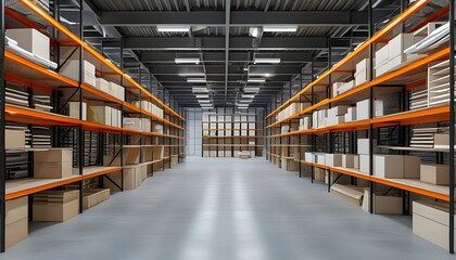 Modern 3D rendering of an empty concrete warehouse interior featuring a shelf and storage box design for retail and distribution purposes