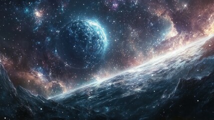 Canvas Print - A Cosmic Landscape with a Blue Planet and Starry Nebulae