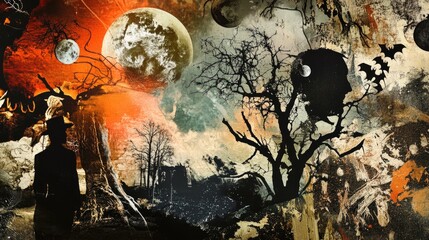 Wall Mural - Contemporary art collage Halloween theme with inspiration for parties and advertisements featuring surrealism and spooky night elements