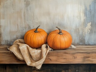 Canvas Print - pumpkins on wooden fabric