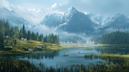 Canvas Print - A Tranquil Lake Nestled Amidst Snow-Capped Mountains and Lush Forest