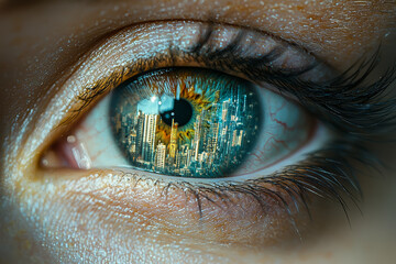 Poster - A city skyline reflected in a giant human eye, representing how urbanization shapes the way we see the world.