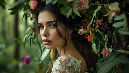 Enchanting beauty of a woman surrounded by vibrant leaves and blooming flowers in a lush forest setting