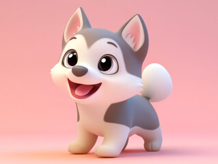 A cute and adorable cartoon illustration of a Siberian Husky puppy with big blue eyes and a friendly smile