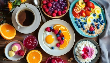 Vibrant and Inviting Breakfast Display with Fresh Fruits, Pastries, and Beverages