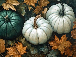 Canvas Print - autumn scenery featuring green and white pumpkins