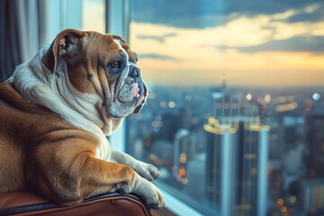 Bulldog sitting on a stylish chair in a modern highrise apartment, urban view, Urban, Cool tones, Digital painting