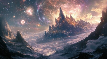 Wall Mural - A Stellar Landscape with Towering Mountains and a Starry Sky