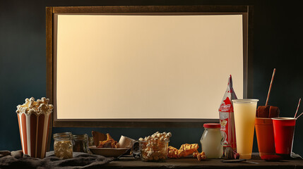 Wall Mural - A cozy movie night setup with snacks like popcorn, chips, and a refreshing drink all lined up, ready for a fun evening in front of the big screen.