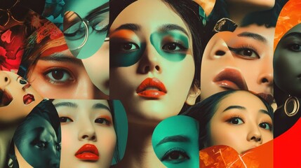 Poster - Abstract Collage of Female Faces with Bold Makeup and Geometric Shapes