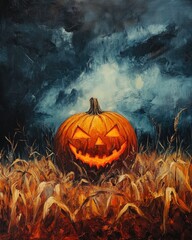 Halloween Pumpkin in Cornfield