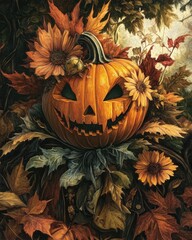 Wall Mural - Autumn colors surround a pumpkin head