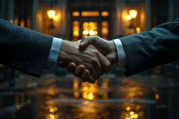 Poster - a businessman shaking hands with a client in a corporate setting, symbolizing a successful business 