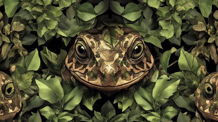 Poster - A Detailed Illustration of a Camouflaged Toad Surrounded by Lush Green Leaves