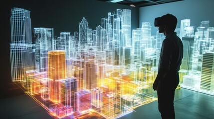 Wall Mural - A Person Wearing VR Headset Interacting With a Holographic Cityscape