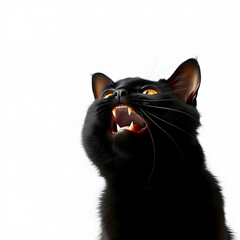 A black cat with a fierce expression looking upwards against a white background