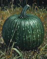 Canvas Print - Green Pumpkin in Lush Grass