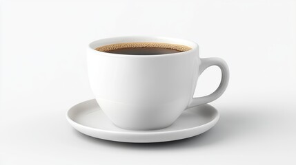 A white coffee cup with a white saucer sits on a white background