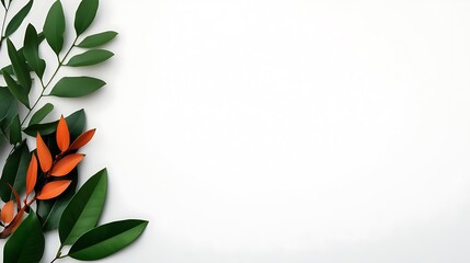 Wall Mural - A composition of vibrant green leaves and orange foliage against a clean, white background, creating a fresh and natural aesthetic.