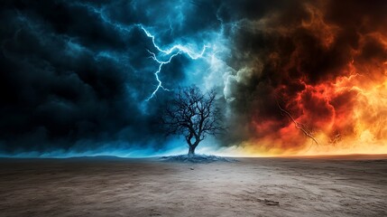 Wall Mural - A striking image of a lone tree amid contrasting stormy skies—blue lightning on one side and fiery orange clouds on the other, symbolizing nature's power.