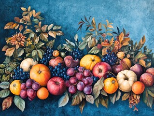 Poster - Seasonal harvest scene with fruits and foliage on blue