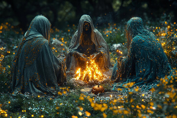 Canvas Print - Celtic druids lighting bonfires and wearing animal skins during Samhain, the precursor to modern Halloween. Concept of Halloween in ancient Celtic times.