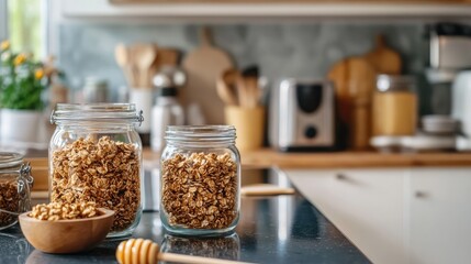 A kitchen countertop with glass jars of homemade granola and honeycomb.