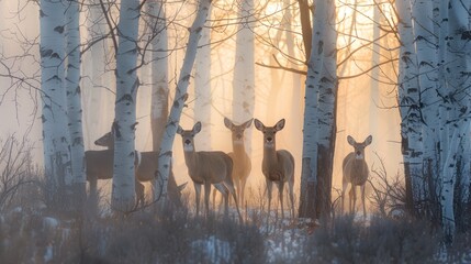 Poster - Deer in Misty Forest at Sunset