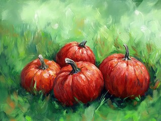 Wall Mural - Red pumpkins in garden on green grass