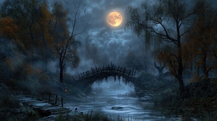 Wall Mural - haunted autumn forest with lifeless trees and an ancient wooden bridge under a full moon