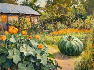 Poster - Garden with large green squash