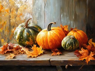 Poster - Autumn Harvest with Squash and Leaves on Wooden Table